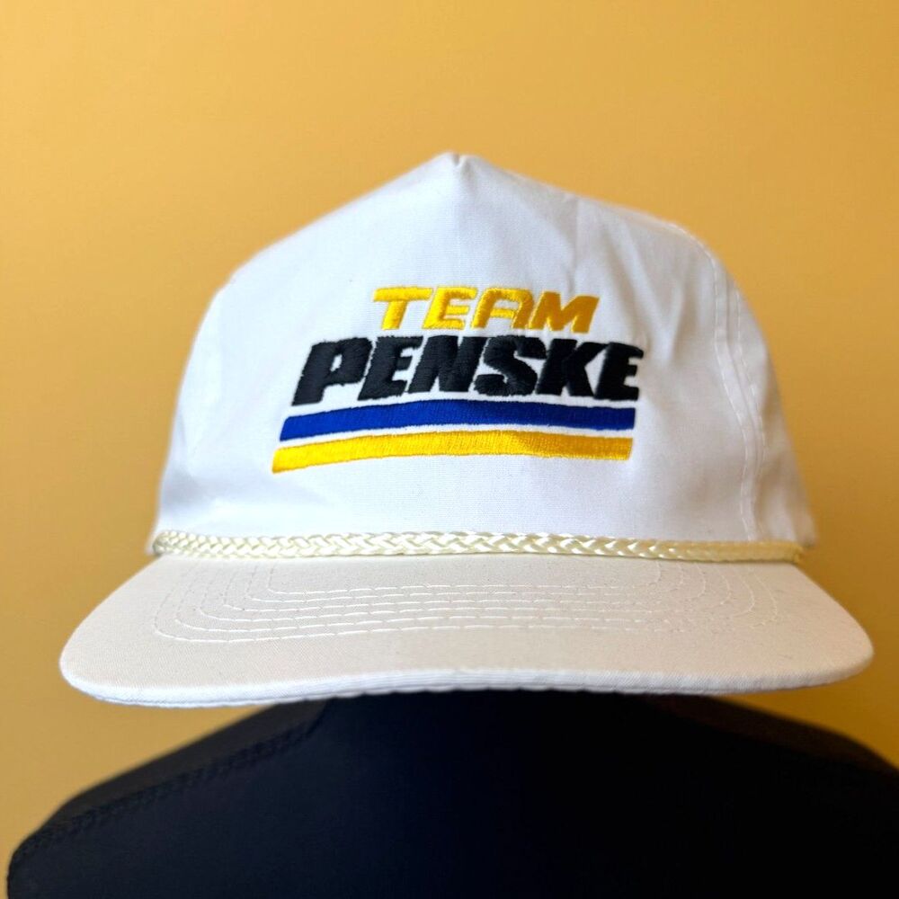 80s 90s Team Penske Racing Rope Hat White KC Strapback Brass Buckle Vtg Indy